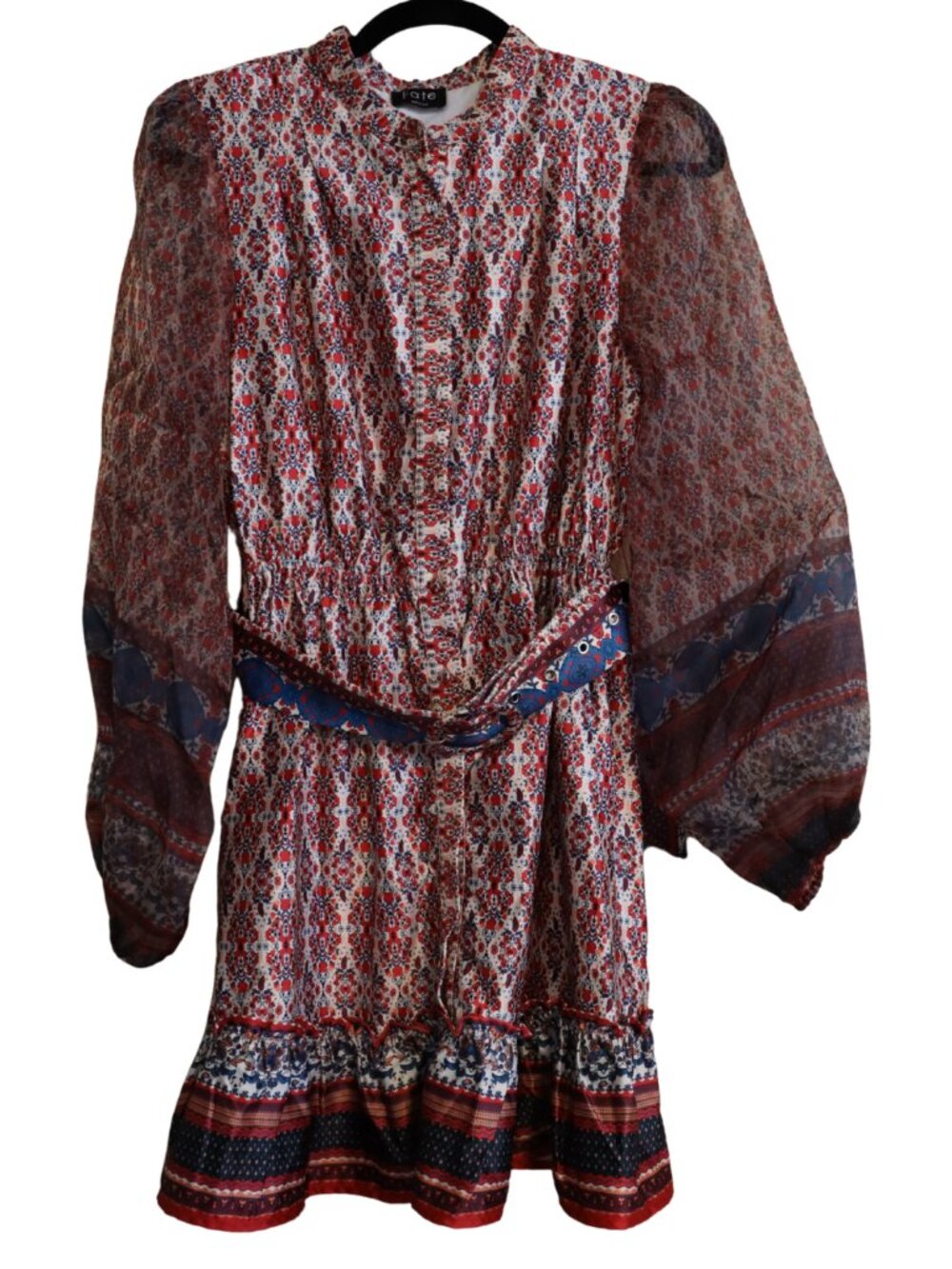 FATE Floral Smocked Waist Mini Dress Sheer Balloon Sleeve Boho Red Blue M